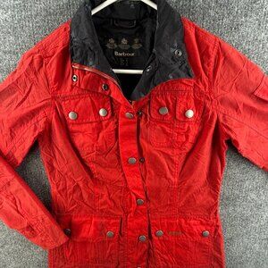 Barbour International Avonmouth Waxed Jacket Women Full Zip Red Size 4 USA Lined
